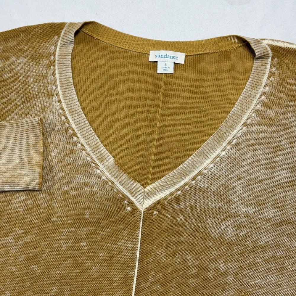 Sundance V Neck Sweater Womens Small Gold Acid Wash Oversized Boho Knit Pullover